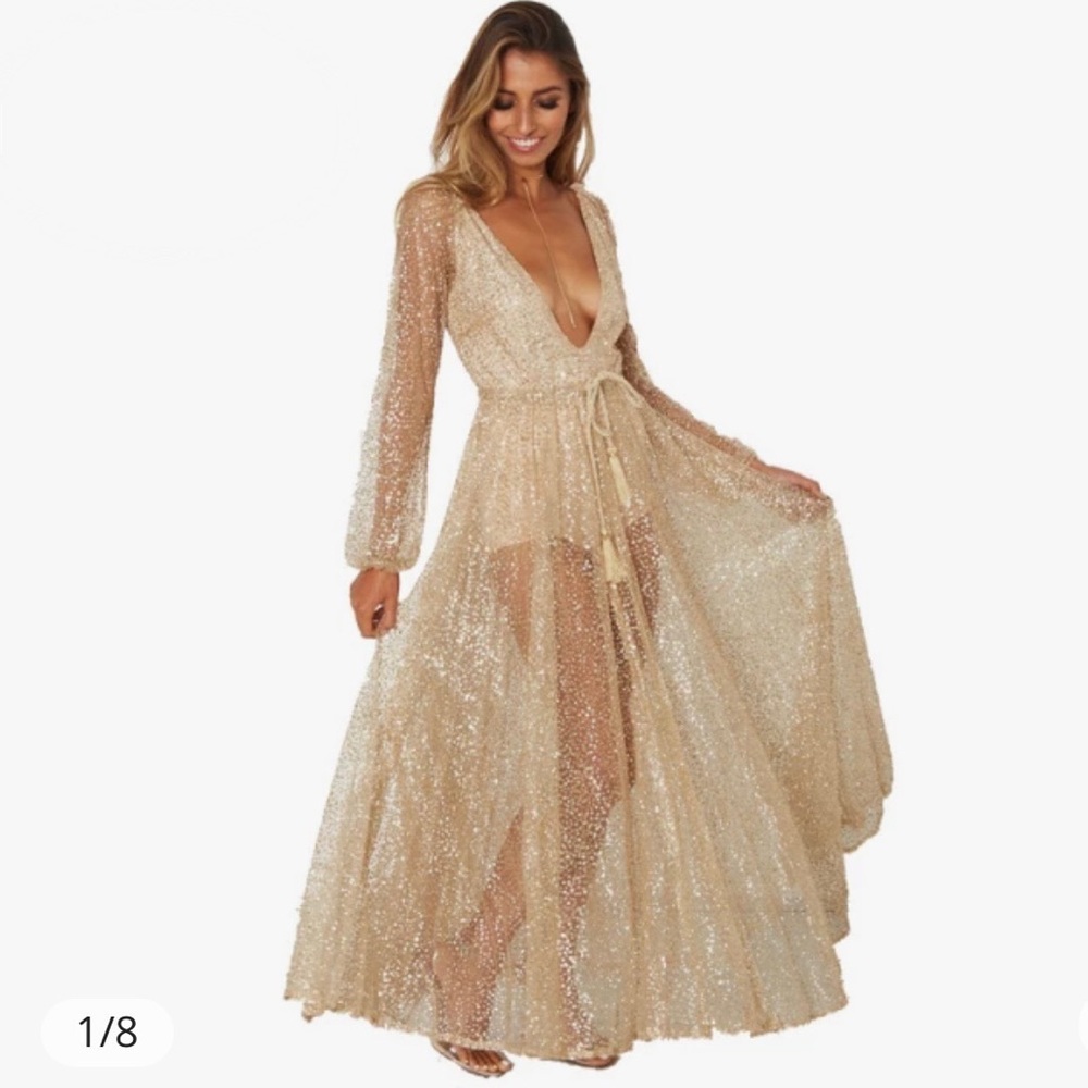 Gold Glitter Long Sleeve Maxi Dress